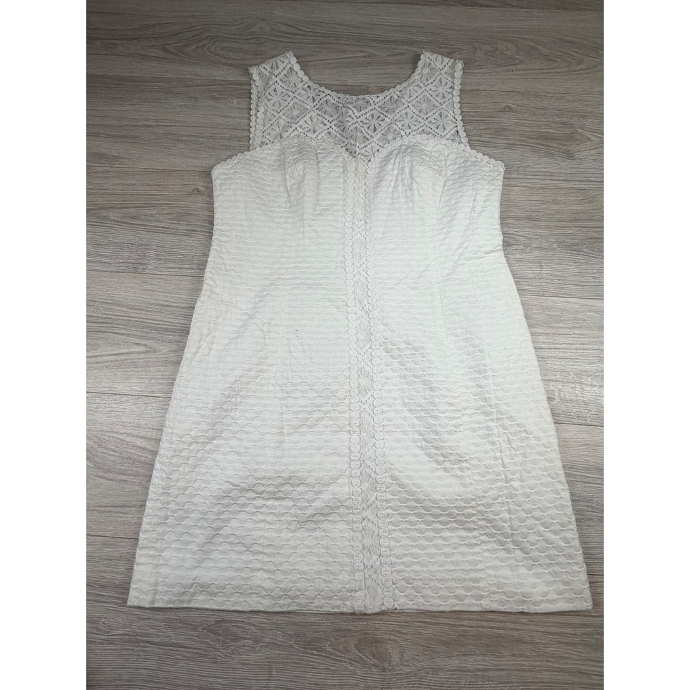 Lilly Pulitzer White Seersucker Lace Yoke Shift‎ Dress Womens 14 Style 20120